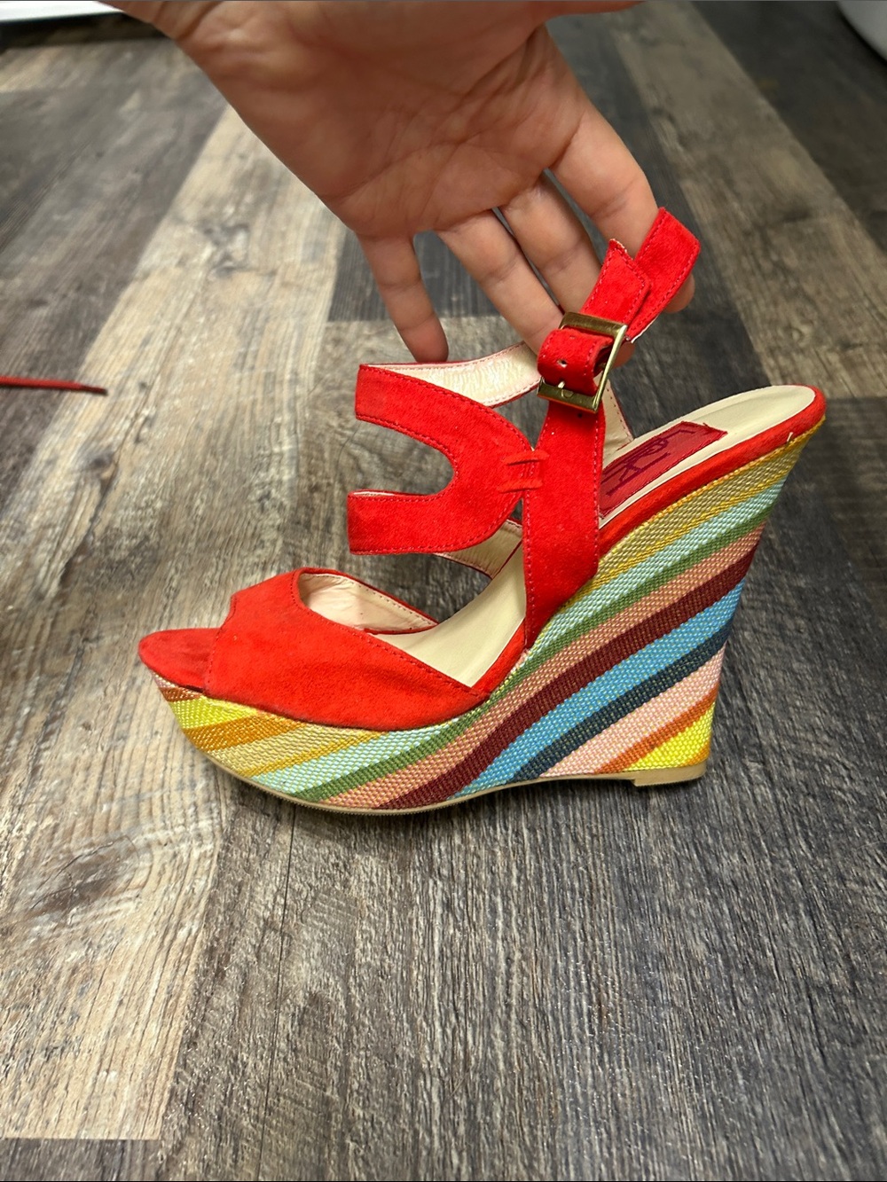 Women’s Red Suede Multi-Stripe Wedge Sandals